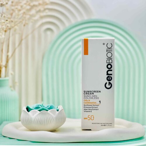 کرم ضد آفتاب SPF50 بی رنگ پوست چرب و مختلط ژنوبایوتیک