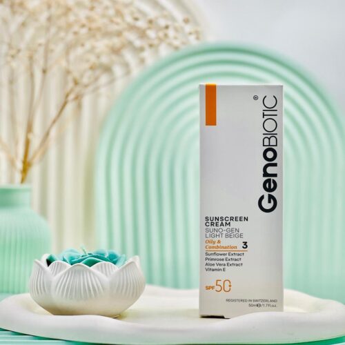 کرم ضد آفتاب SPF50 پوست چرب و مختلط ژنوبایوتیک رنگ بژ روشن