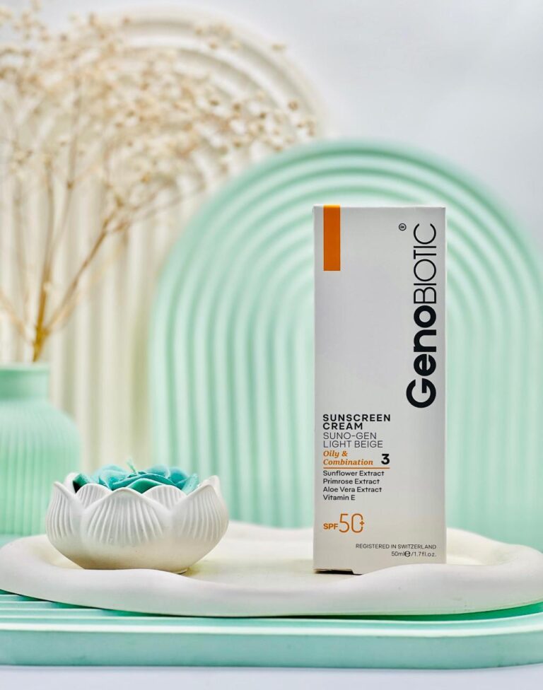 کرم ضد آفتاب SPF50 پوست چرب و مختلط ژنوبایوتیک رنگ بژ روشن
