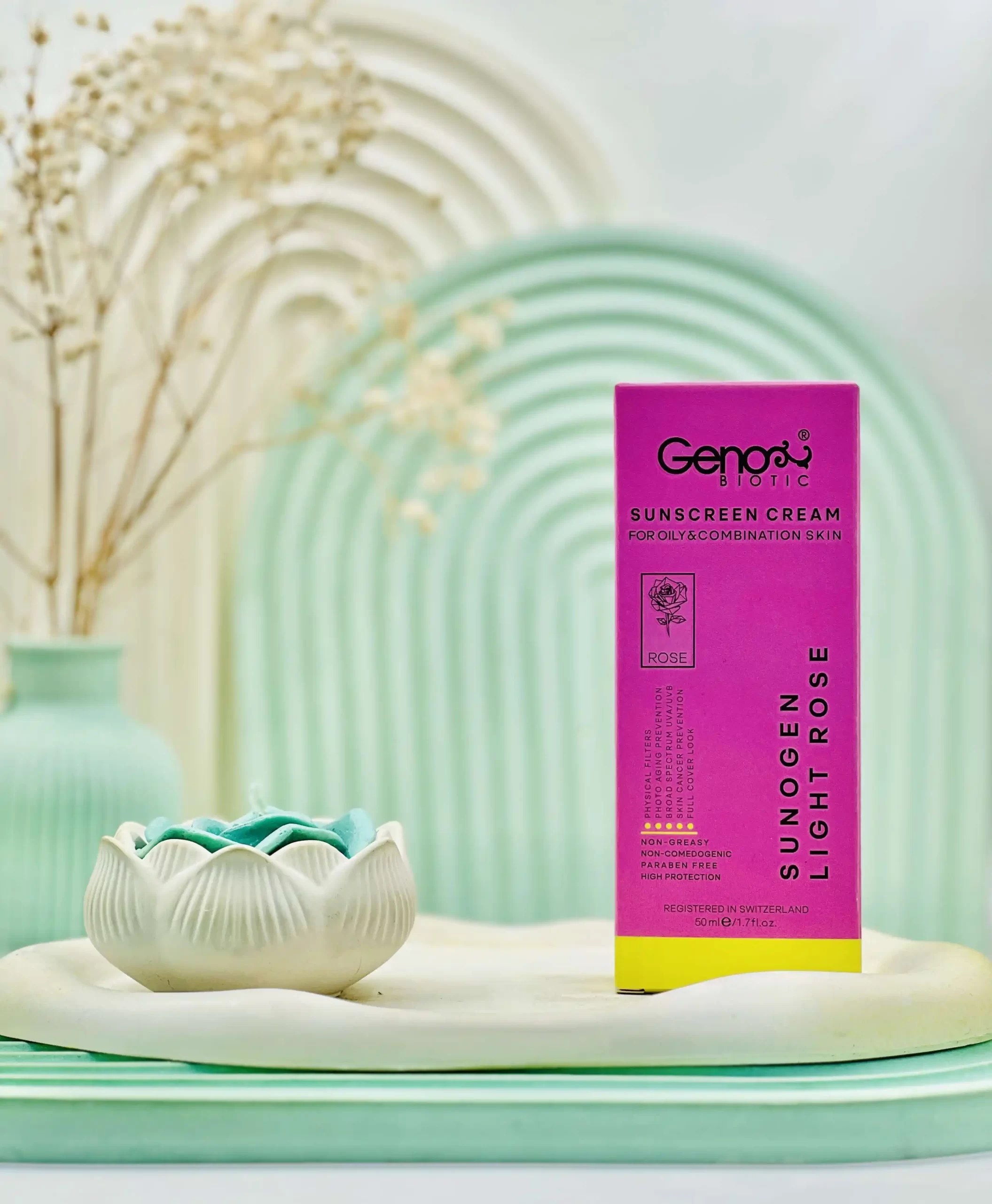 genobiotic sunscreen cream oily skin daroosazam.com کرم ضد آفتاب SPF50 پوست چرب و مختلط ژنوبایوتیک رنگ رز روشن 50 میلی لیتر